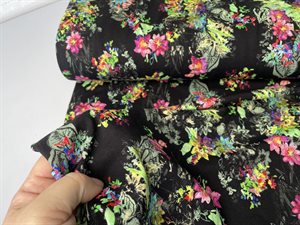 Viscosejersey - sort bund med farverige blomster buketter